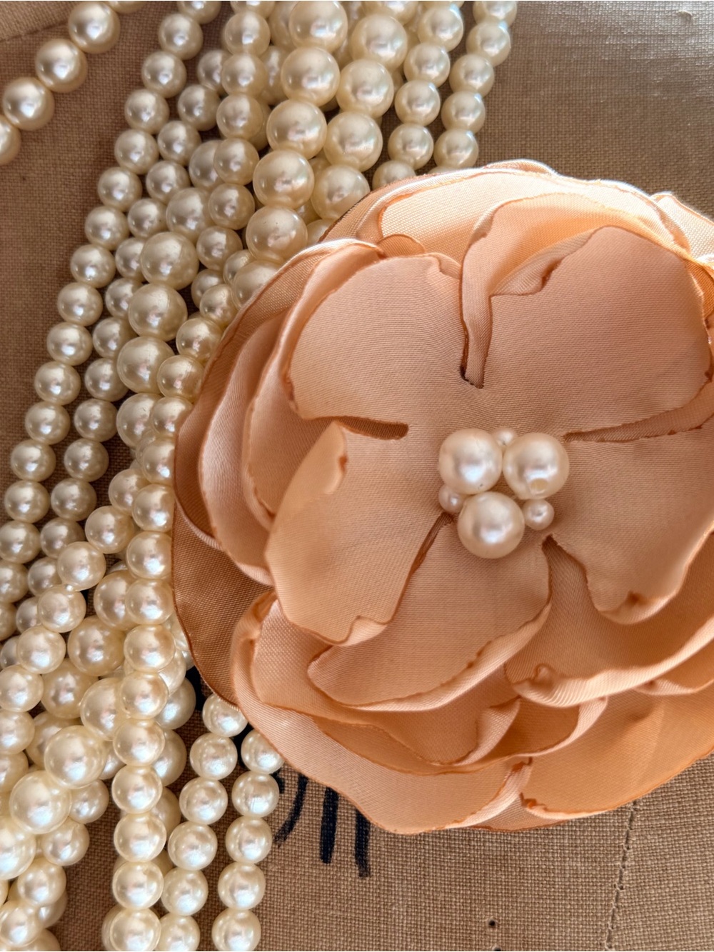 Peachy Neutral Satin Flower Pin with faux Pearl Center